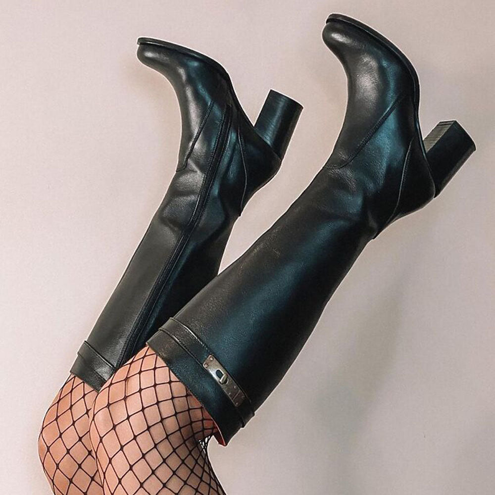 Black Round Toe Gold Metal Buckle Knee High Boots with Block Heels