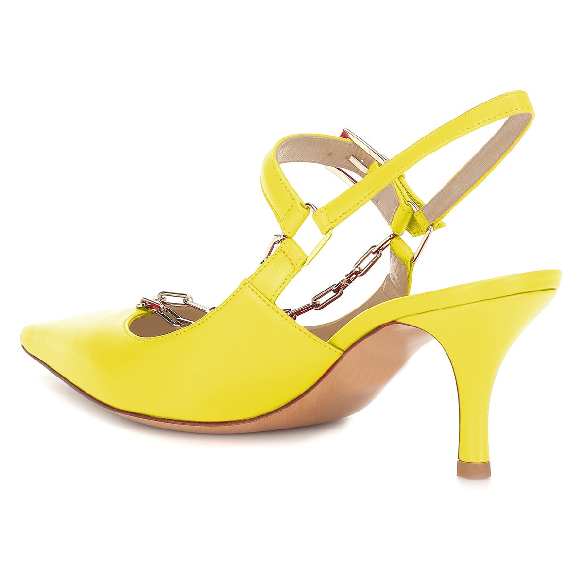 Yellow Stiletto Heel Buckle Strap Slingback Pumps Shoes with Chain