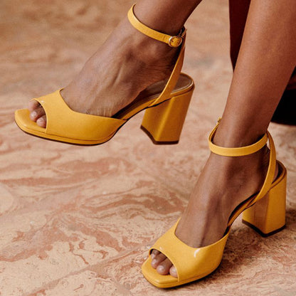 Yellow Square Toe Chunky Heel Strappy Sandals