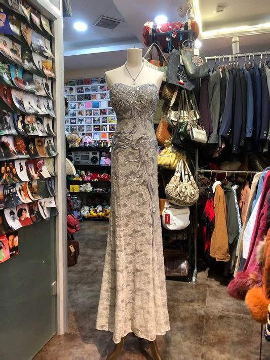 Elegant Grey Mermaid Strapless Sequined Lace Long Prom Dress Evening Dress P4157