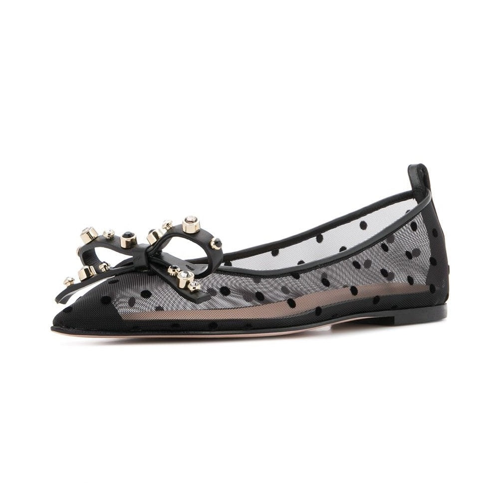 Black Mesh Polka Dots Bow Stud Comfortable Flats