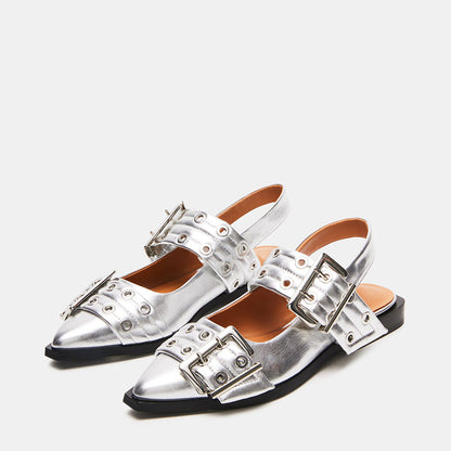 Silver Metallic Finish Pointed-Toe Slingback Flats with Buckles