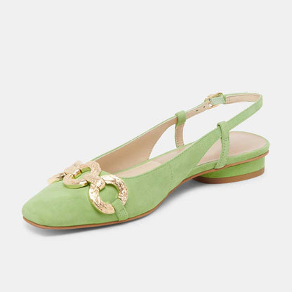 Green Vegan Suede Square Toe Gold Chain Slingback Casual Flats