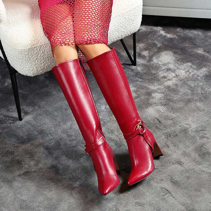 FSJ Burgundy Pointed Toe Heeled Knee High Boots with Ring Buckle