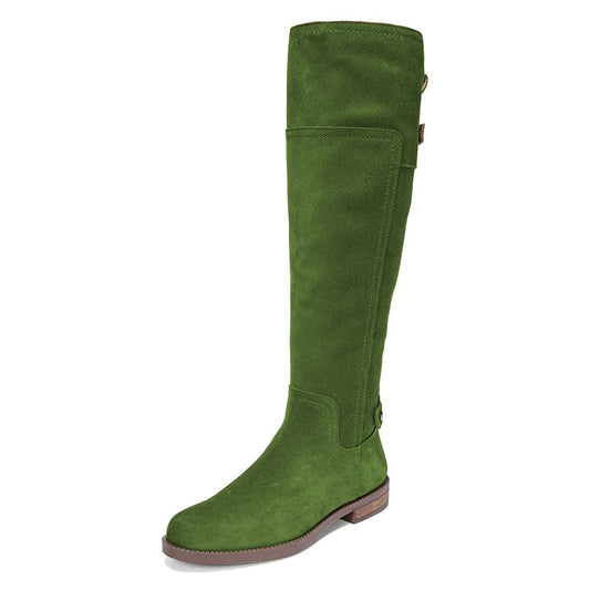 Green Vegan Suede Zipper Round Toe Flat Knee High Boots