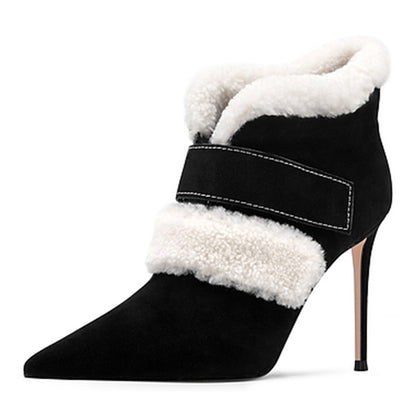 Black & White Pointed Toe Stiletto Heel Faux Fur Ankle Boots for Women