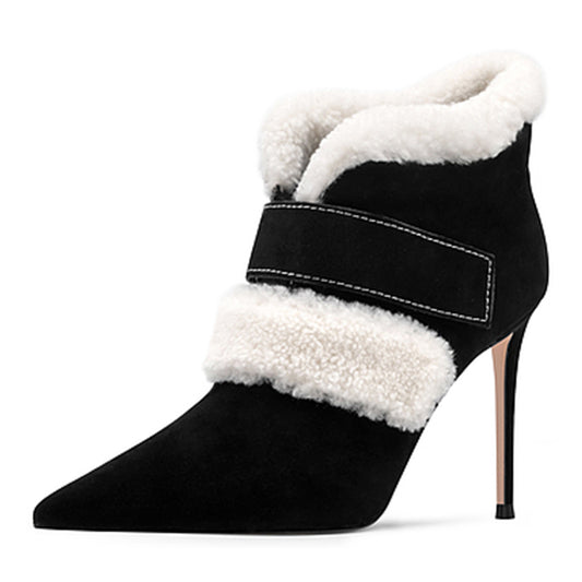 Black & White Pointed Toe Stiletto Heel Faux Fur Ankle Boots for Women