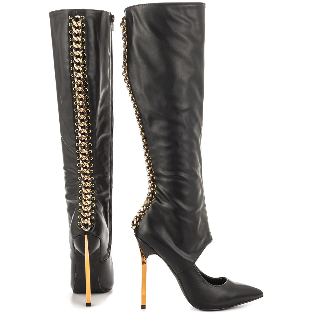 Black Sexy Cut Out Stiletto Heel Knee High Boots with Metal Chains