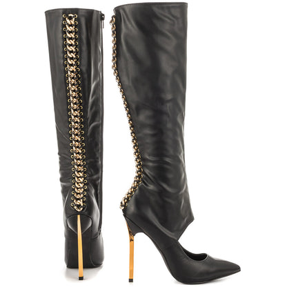 Black Sexy Cut Out Stiletto Heel Knee High Boots with Metal Chains
