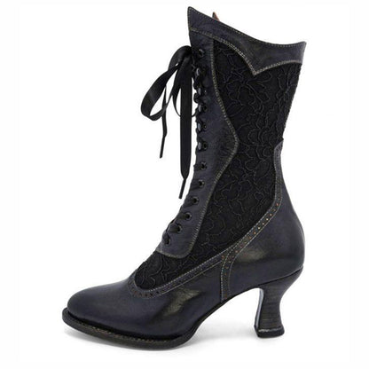 Black Lace Almond Toe Spool Heel Mid Calf Boots for Women with Ribbon