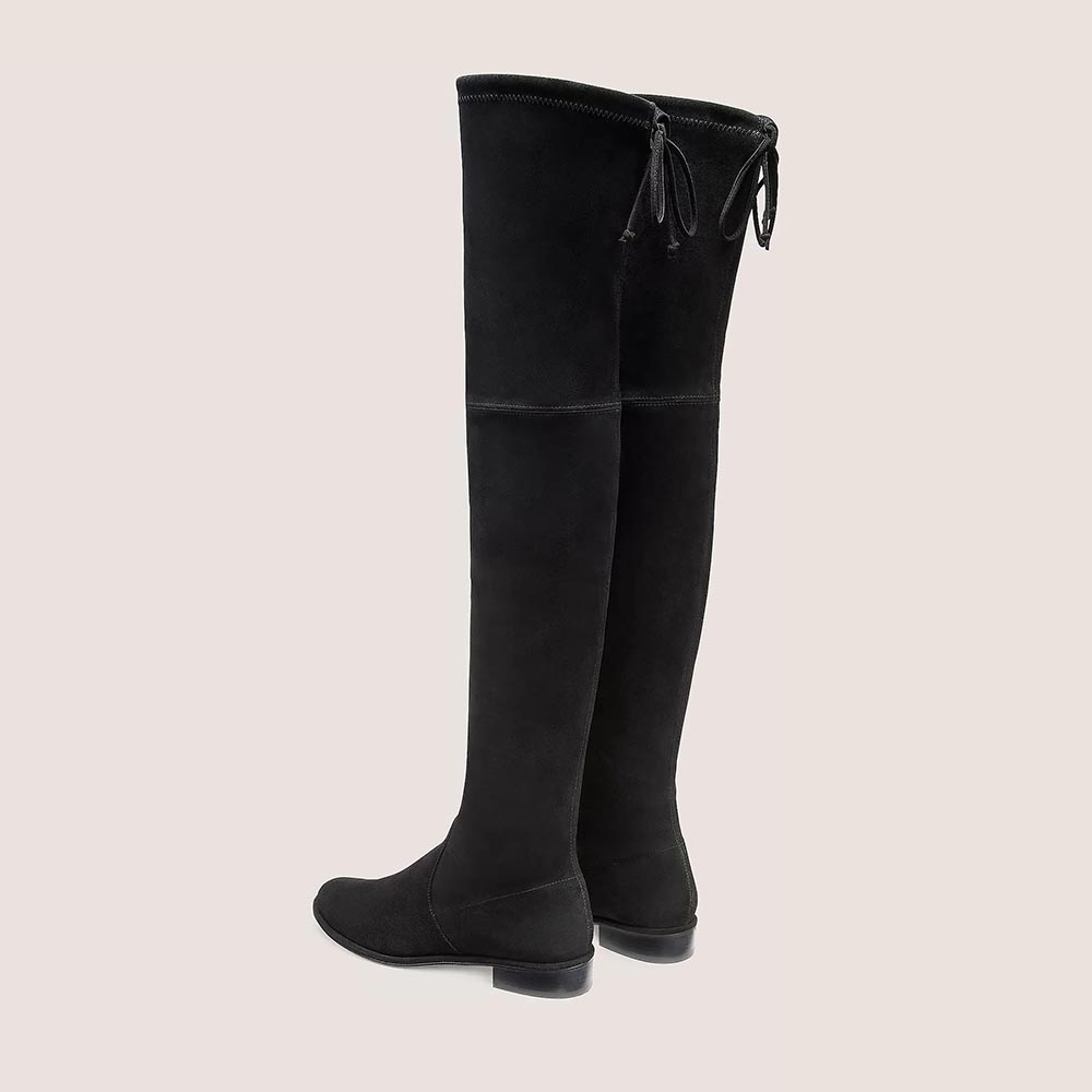 Black Vegan Suede Round Toe Back Lace Up Flats Thigh High Boots