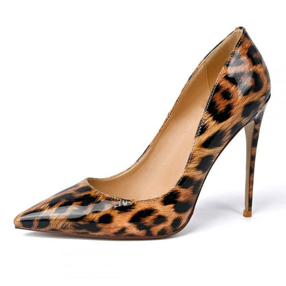 Women's Leopard Print Stiletto Heels Patent Leather Pointed Toe Pumps