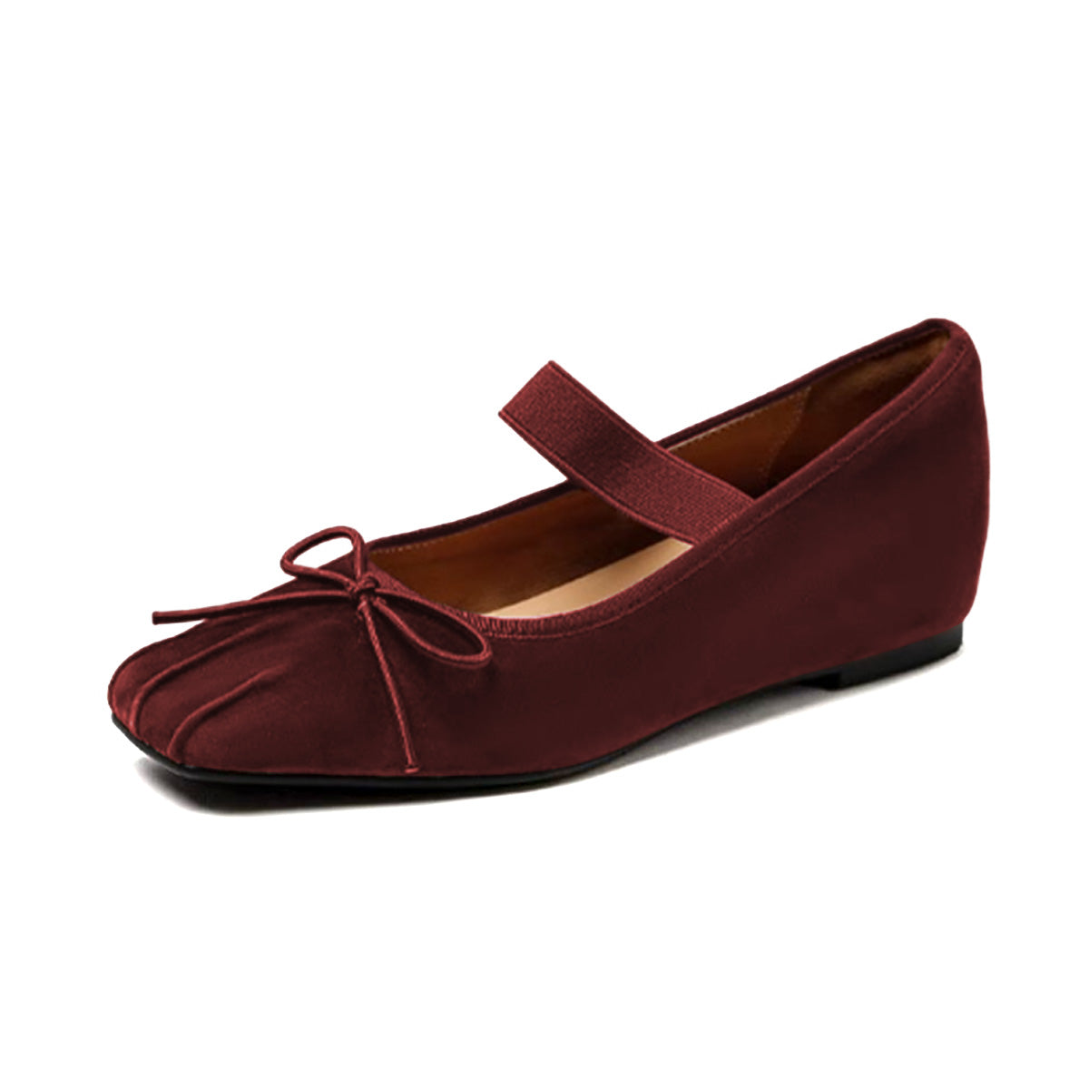 Dark Maroon Strap Mary Jane Square Toe Ballet Flats with Bow