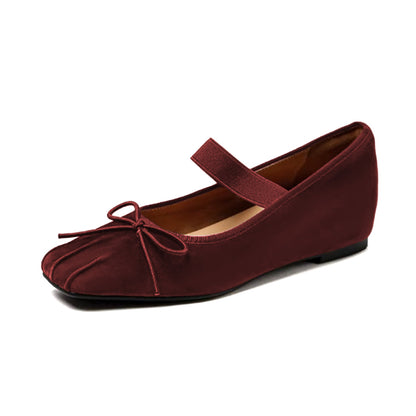 Dark Maroon Strap Mary Jane Square Toe Ballet Flats with Bow