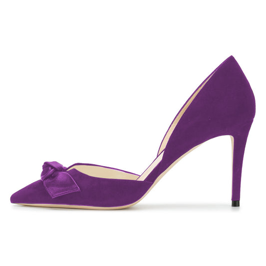 Women's Purple Pointed Toe Stiletto Heels D'Orsay Pumps with Bow
