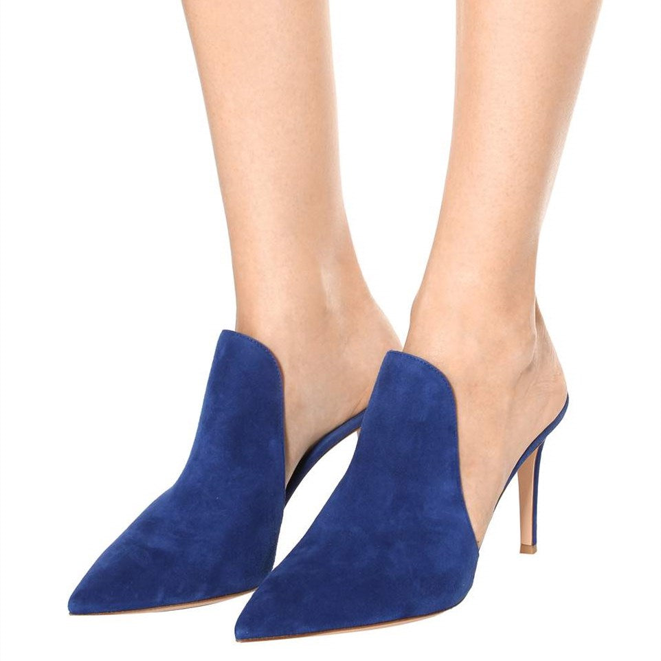 Blue Vegan Suede Pointed Toe Stiletto Heel Mule Loafers for Women