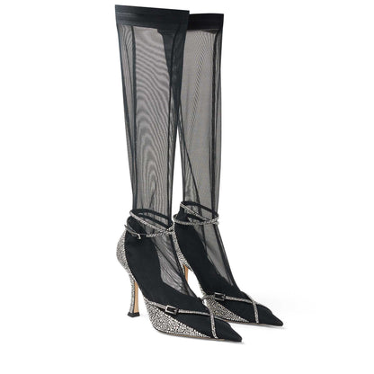 Black Mesh Rhinestone Crisscross Straps Flared Heel Knee High Boots