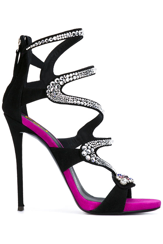 Black & Fuchsia Vegan Suede Rhinestone Snake Strappy Stiletto Heels