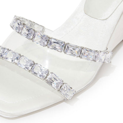 White Satin Square Toe Crystal Embellished Wedge Heel Mules Sandals