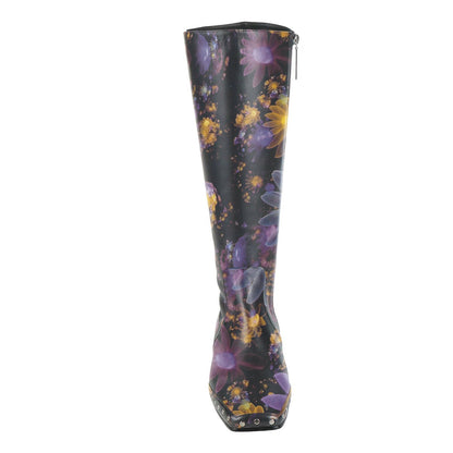 Multicolor Flower Print Square Toe Studded Flat Knee High Boots