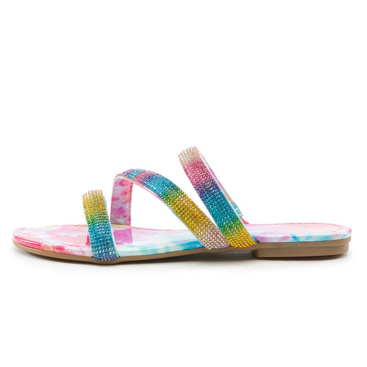 Multicolor Strappy Rhinestone Flats Tie-Dye Print Slide Sandals