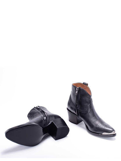 Black Vegan Leather Pointed Toe Side-Zipped Block Heeled Cowgirl Ankle Boots