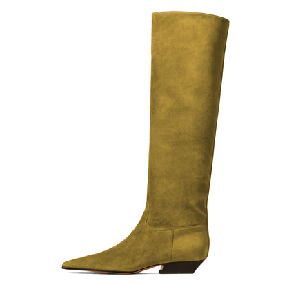 Vegan Suede Pull-On Square Toe Chunky Heel Knee High Boots in Olive