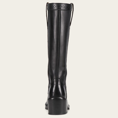 Black Pull-On Square Toe Block Heel Knee High Boots for Women
