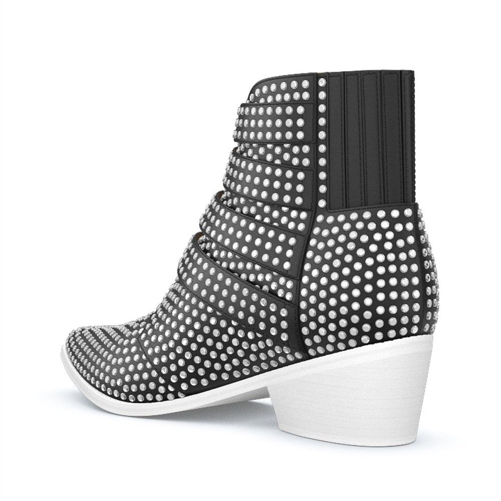 Black Pointed Toe Buckle Strap Rhinestone Hotfix Heeled Ankle Boots