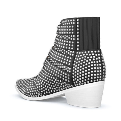 Black Pointed Toe Buckle Strap Rhinestone Hotfix Heeled Ankle Boots