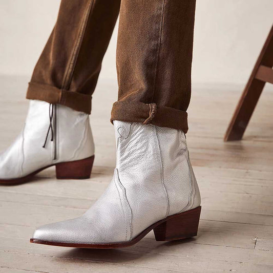 Silver Pointy Toe Booties Stylish Chunky Heel Western Boots for Women