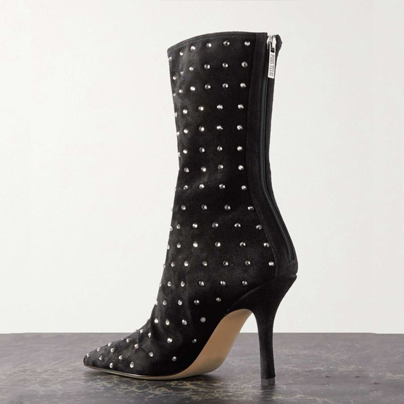 Rhinestone Embellished Pointed Toe Heeled Mid Calf Boots in Black