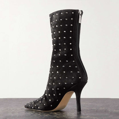 Rhinestone Embellished Pointed Toe Heeled Mid Calf Boots in Black