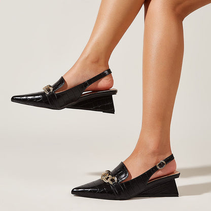 Black Croco Embossed Slingback Shoes Pointy Toe Block Heeled Loafers