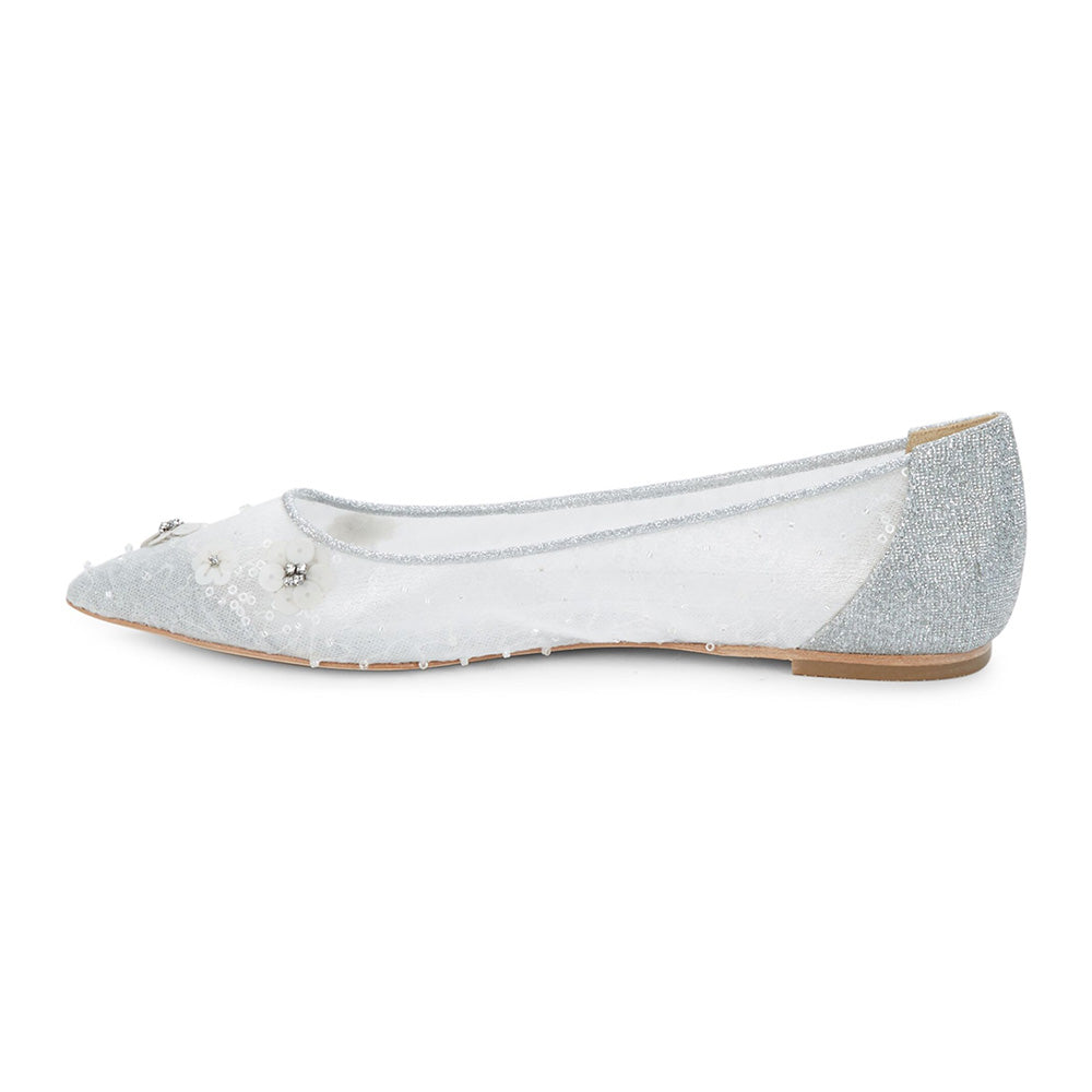 Stylish Silver Glitter Patchwork Pointed Toe Sequin Flower Flats
