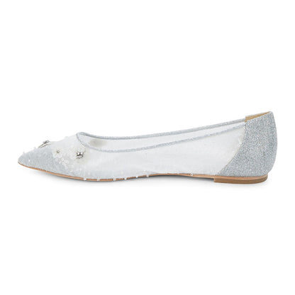 Stylish Silver Glitter Patchwork Pointed Toe Sequin Flower Flats