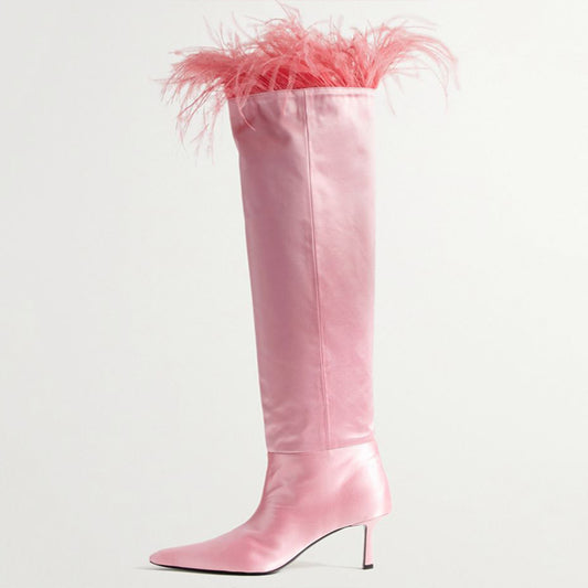Elegant Pink Satin Feather Trim Knee High Boots with Kitten Heels