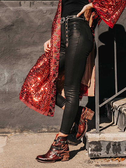 Brown Distressed Vegan Leather Round Toe Buckled Strappy Black Lacing Side-Zipper Ankle Boots With Chunky Heels