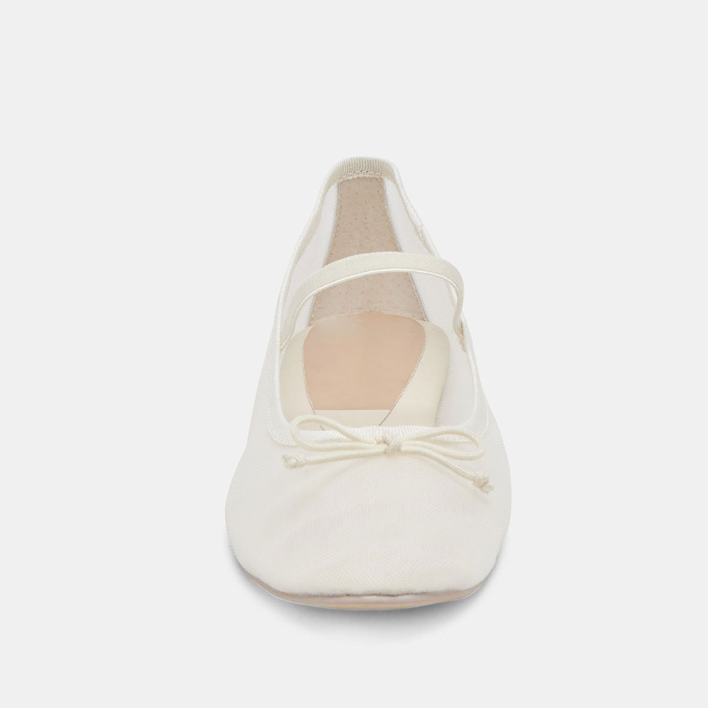 Ivory Mesh Bow Tie Slip-On Round Toe Ballet Flats with Straps