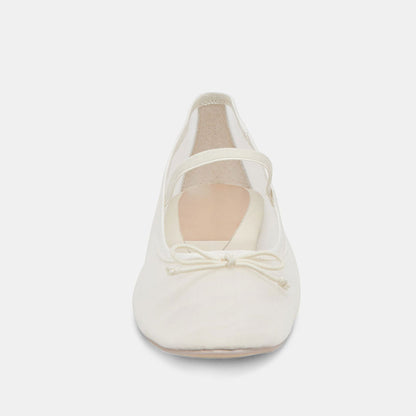 Ivory Mesh Bow Tie Slip-On Round Toe Ballet Flats with Straps
