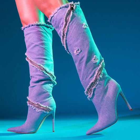 Denim Pointed Toe Stiletto Heel Zipper Wrapped Knee-High Boots