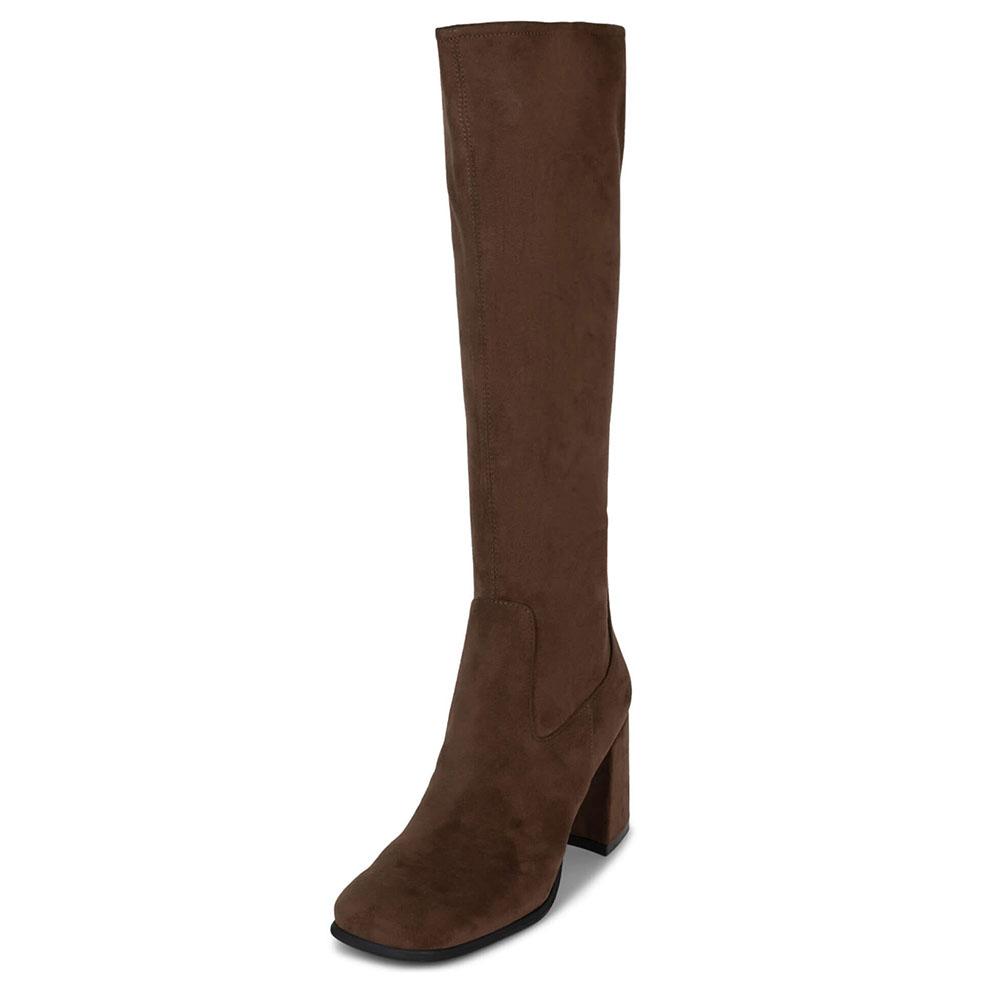 Brown Faux Suede Square Toe 3'' Chunky Heel Wide Calf Knee High Boots