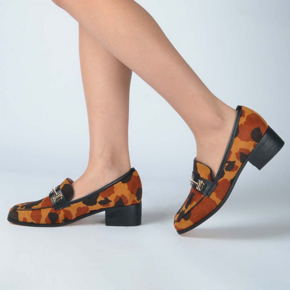 Brown Cow Print Low Chunky Heel Women's Loafers with Metal Accent