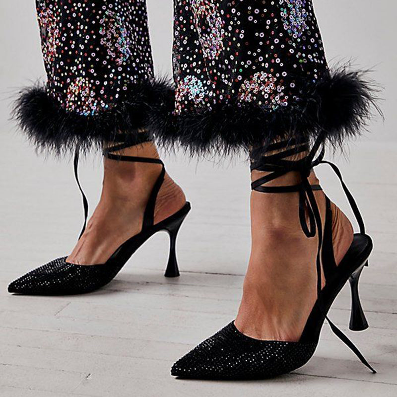 Women's Pointed Toe Strappy Rhinestone Black Pumps with Spool Heels