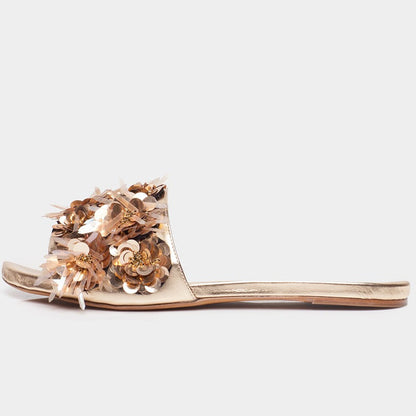 Gold Sequined Flats Women's Slide Sandals