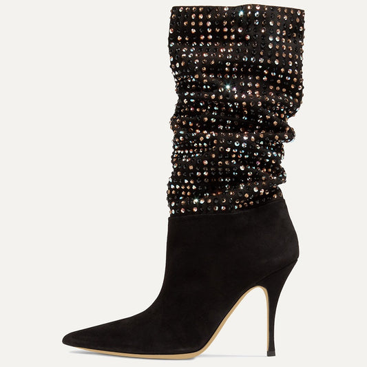 Black Vegan Suede Stiletto Heel Mid Calf Slouch Boots with Rhinestone