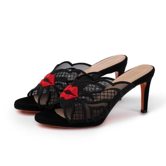 Black Curved Edge Open Toe Red Lips Embroidered Mule Heels