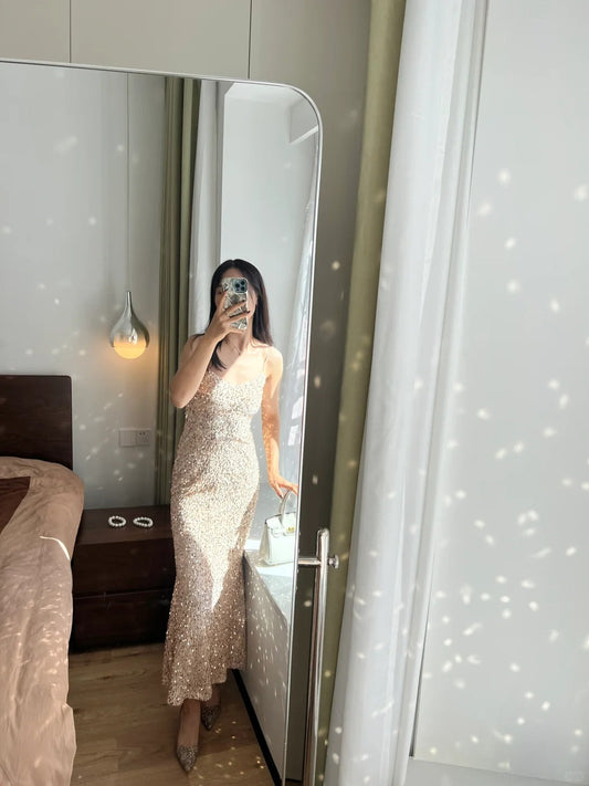 Elegant Champagne Gold Mermaid Halter V-neck Sequined Long Prom Dress Evening Dress P4166