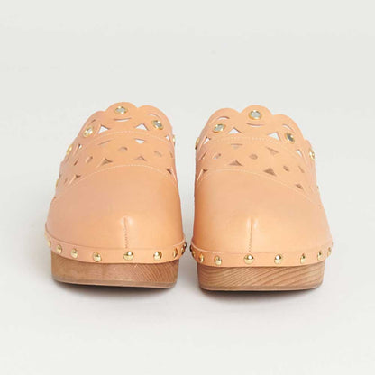 Beige Round Toe Studded Platform Mules Perforated Heeled Clogs