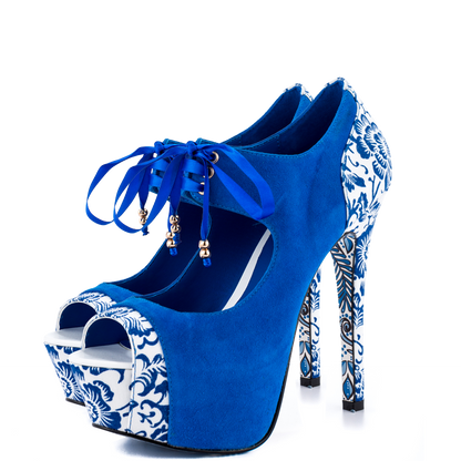 Blue Peep Toe Lace Up Heels Matryoshka Doll Print Platform Pumps